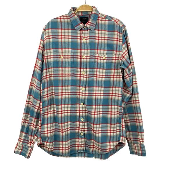 Crew Factory Flannel Shirt Men MT Blue Red Plaid Button Up Cabin Barn Preppy - Picture 2 of 9